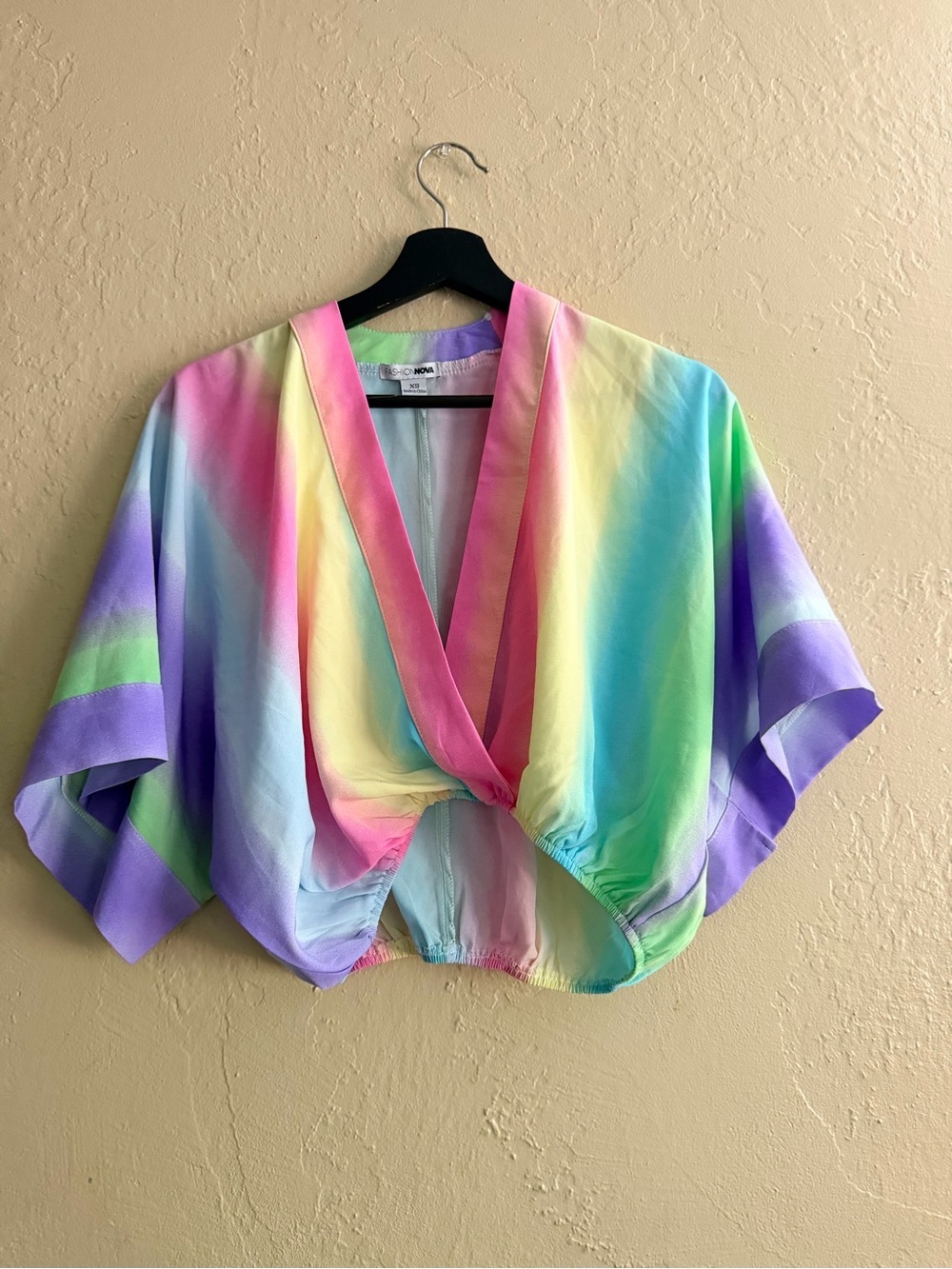 Fashion Nova Pastel Rainbow Tie-Front Kimono Top